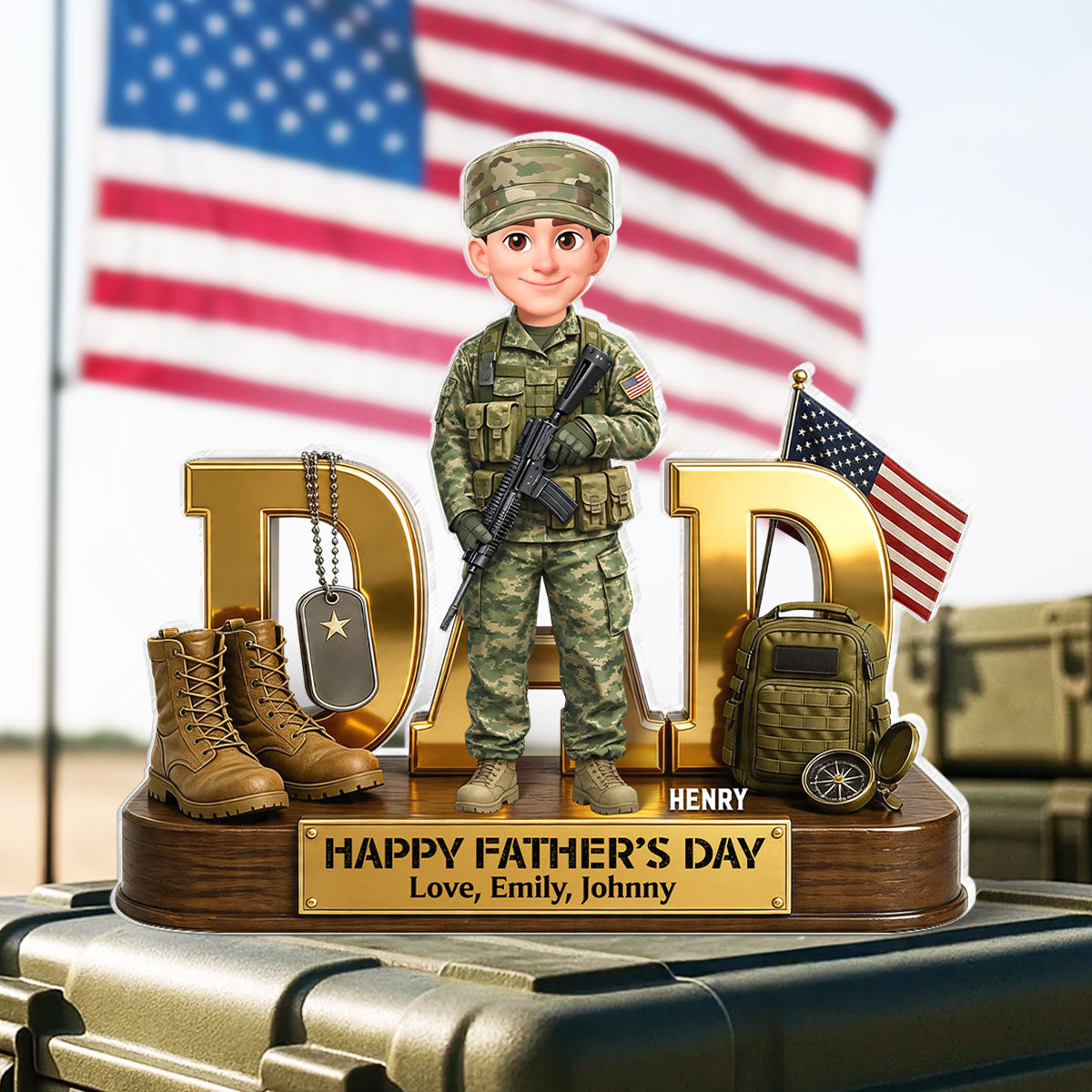 Proud American Military Armed Force Hero Dad 2D Flat - Personalized Acrylic Block Plaque -  Unique Trending  Gift For Dad, Husband