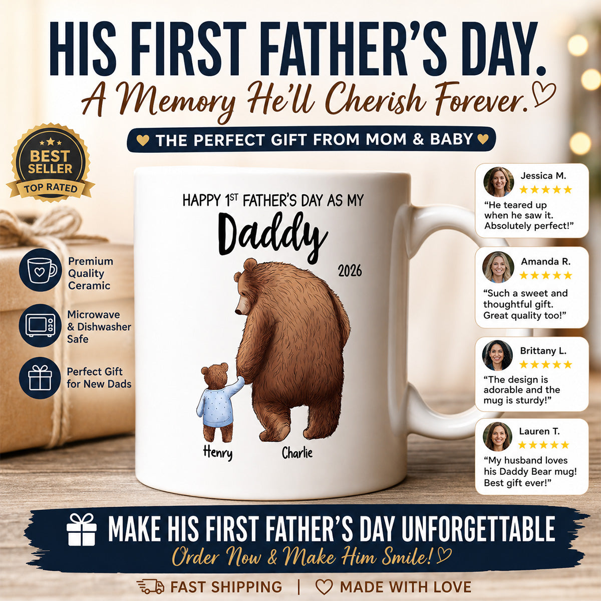 Happy 1st Father's Day Daddy Bear & Cub - Personalized Mug - Father's Day Gift For New Dad