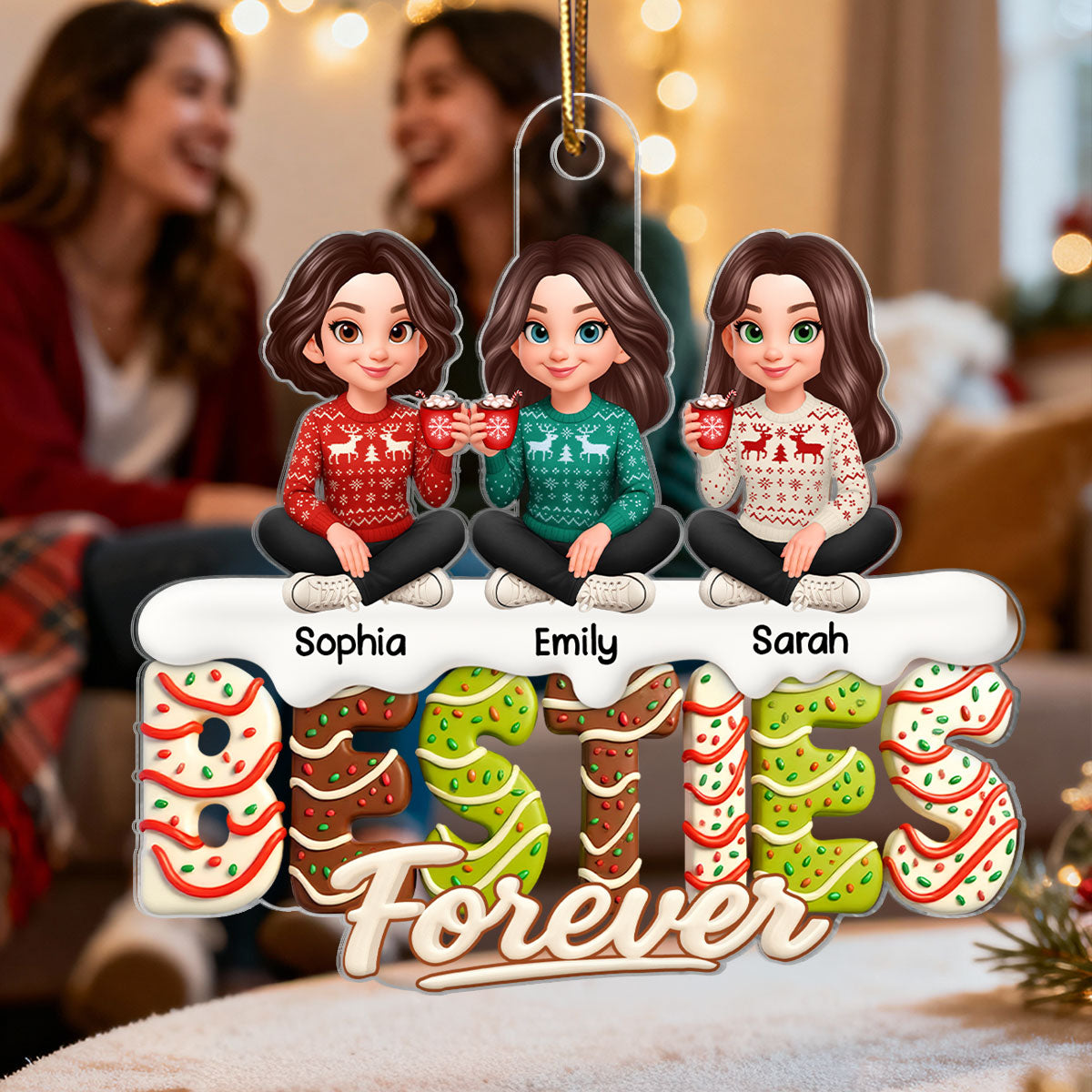 3D Effect Christmas Tree Cake Sisters Forever - Personalized Acrylic Ornament - Gift For Sisters