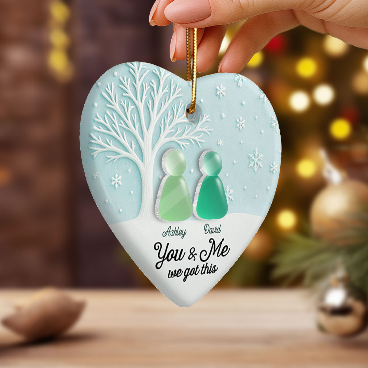 3D Sea Glass Effect Christmas Couple Growing Old Together - Personalized Ceramic Ornament With Acrylic Pieces