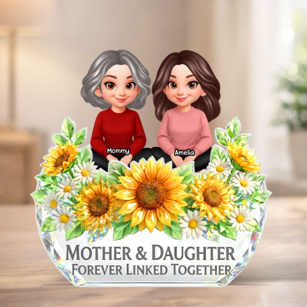 Mother Daughter Forever Linked Together Sunflower Pattern - Personalized Acrylic Block Plaque - Heartfelt Gift for Mom, Wife