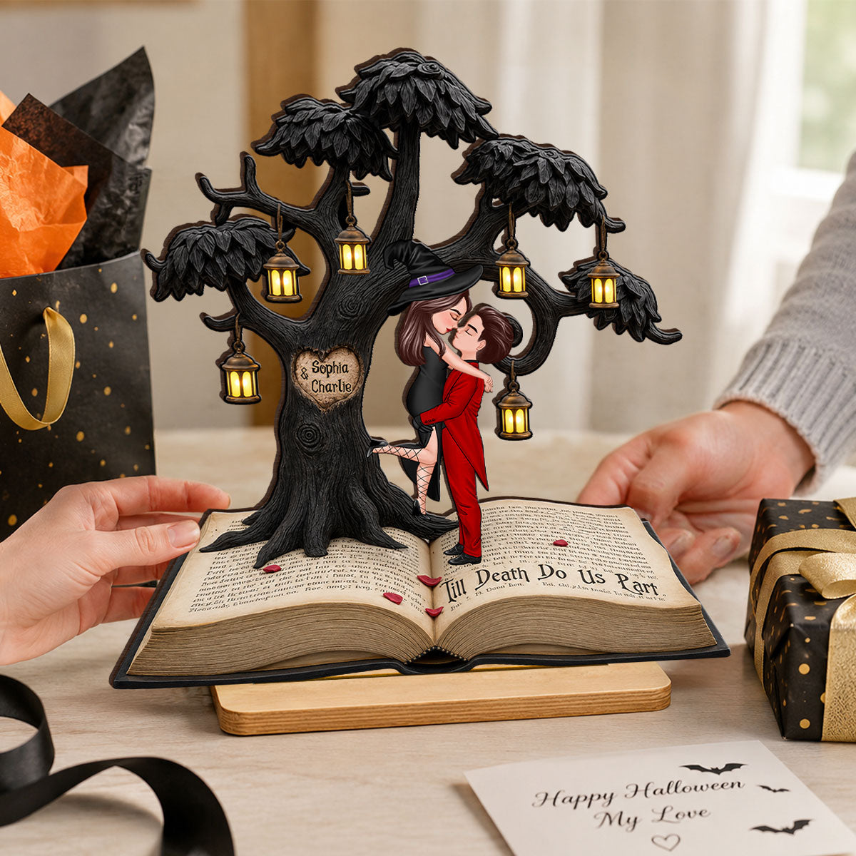 Spooky Love Story Couple - Personalized 2-Layered Wooden Plaque - Halloween Decor Gift, Gift For Couple