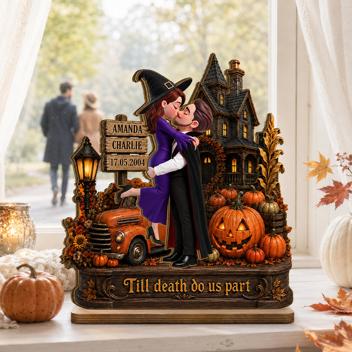Couple Halloween Haunted House - Personalized 2-Layered Wooden Plaque - Halloween Decor Keepsake for Her, for Him