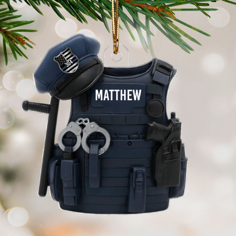 3D Effect Police Bulletproof Vest & Hat - Personalized Acrylic Ornament - Christmas Gift For Police