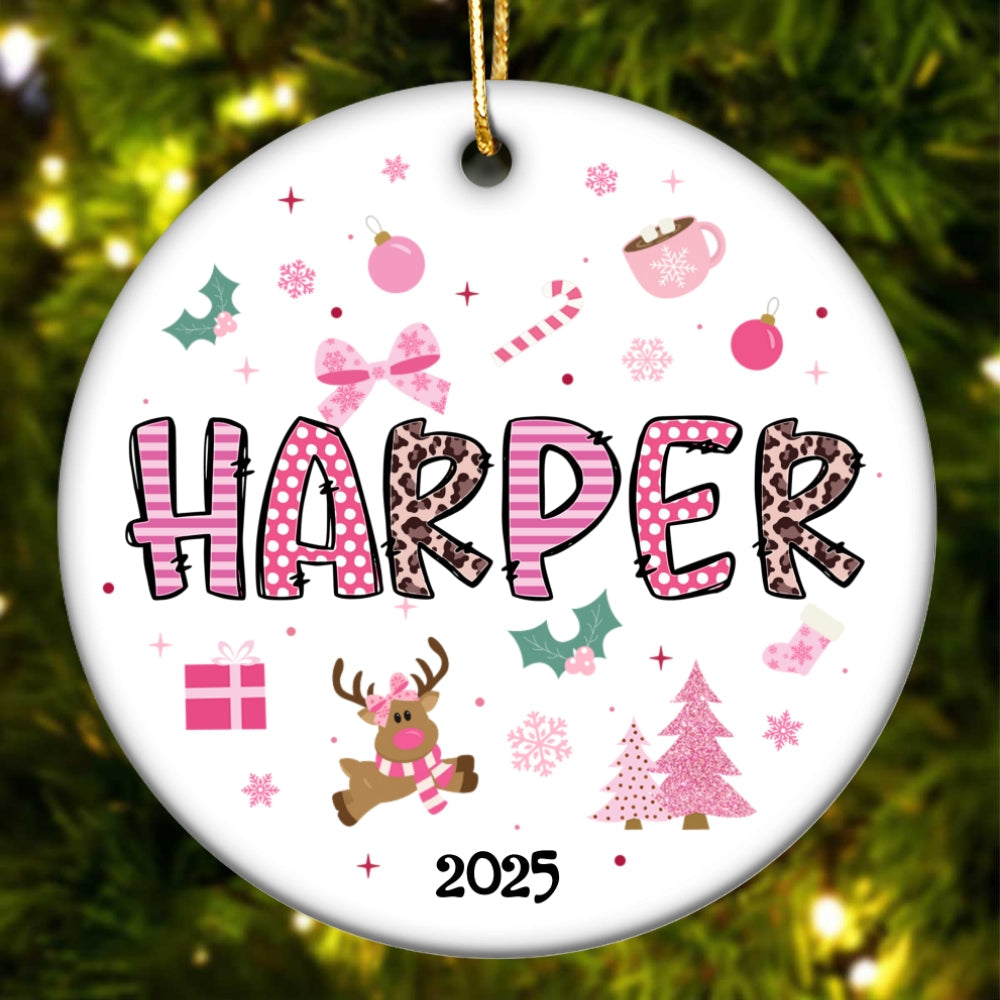 Pink Theme Girls Name Christmas - Personalized Ceramic Ornament - Gift For Daughter, Granddaughter