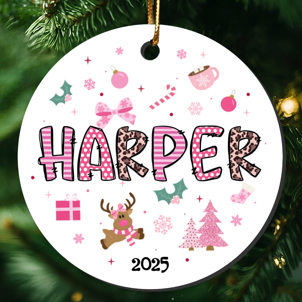 Pink Theme Girls Name Christmas - Personalized Ceramic Ornament - Gift For Daughter, Granddaughter
