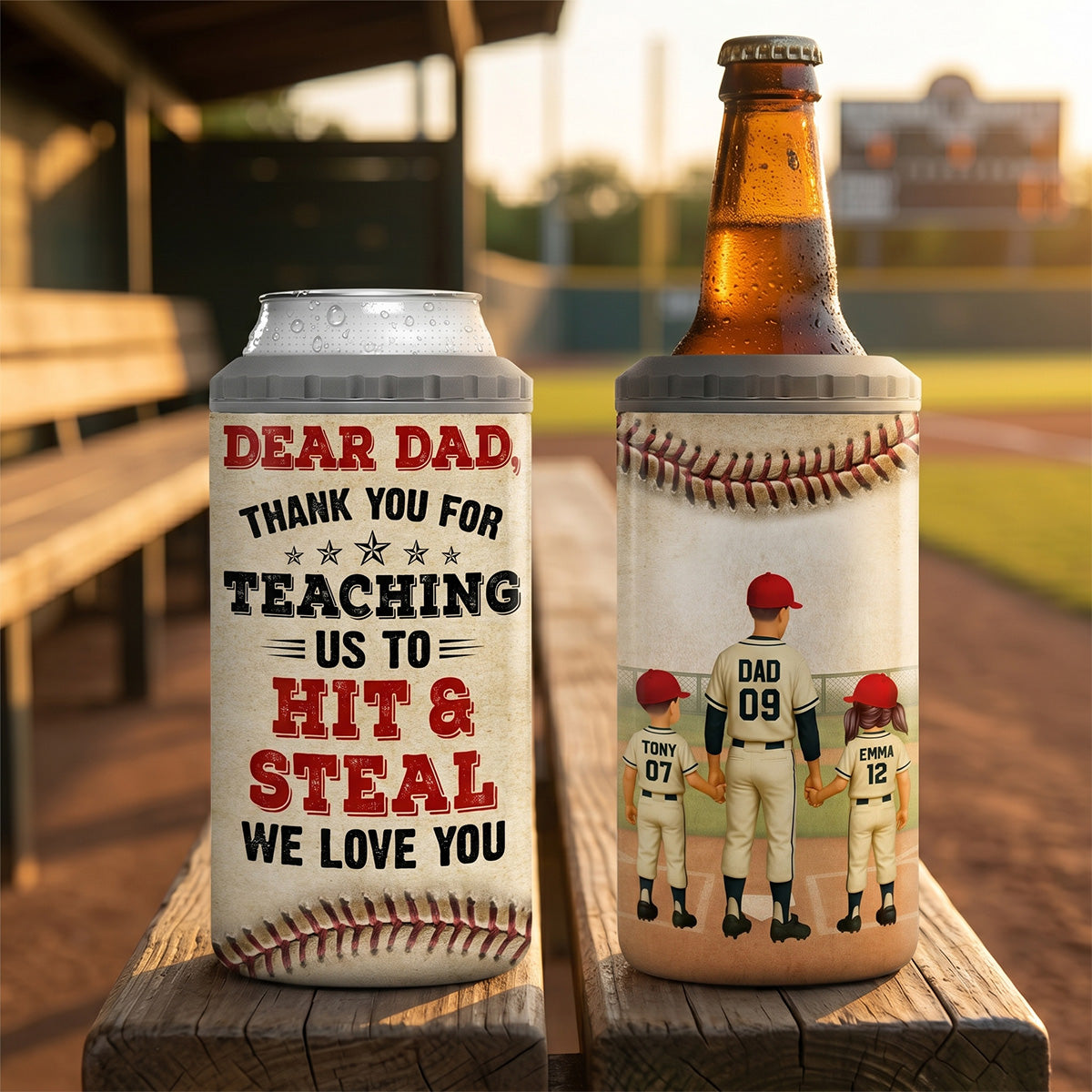 Thank You For Teaching Us To Hit & Steal Baseball Dad & Kids - Personalized Can Cooler - Father's Day Gift For Dad, Husband