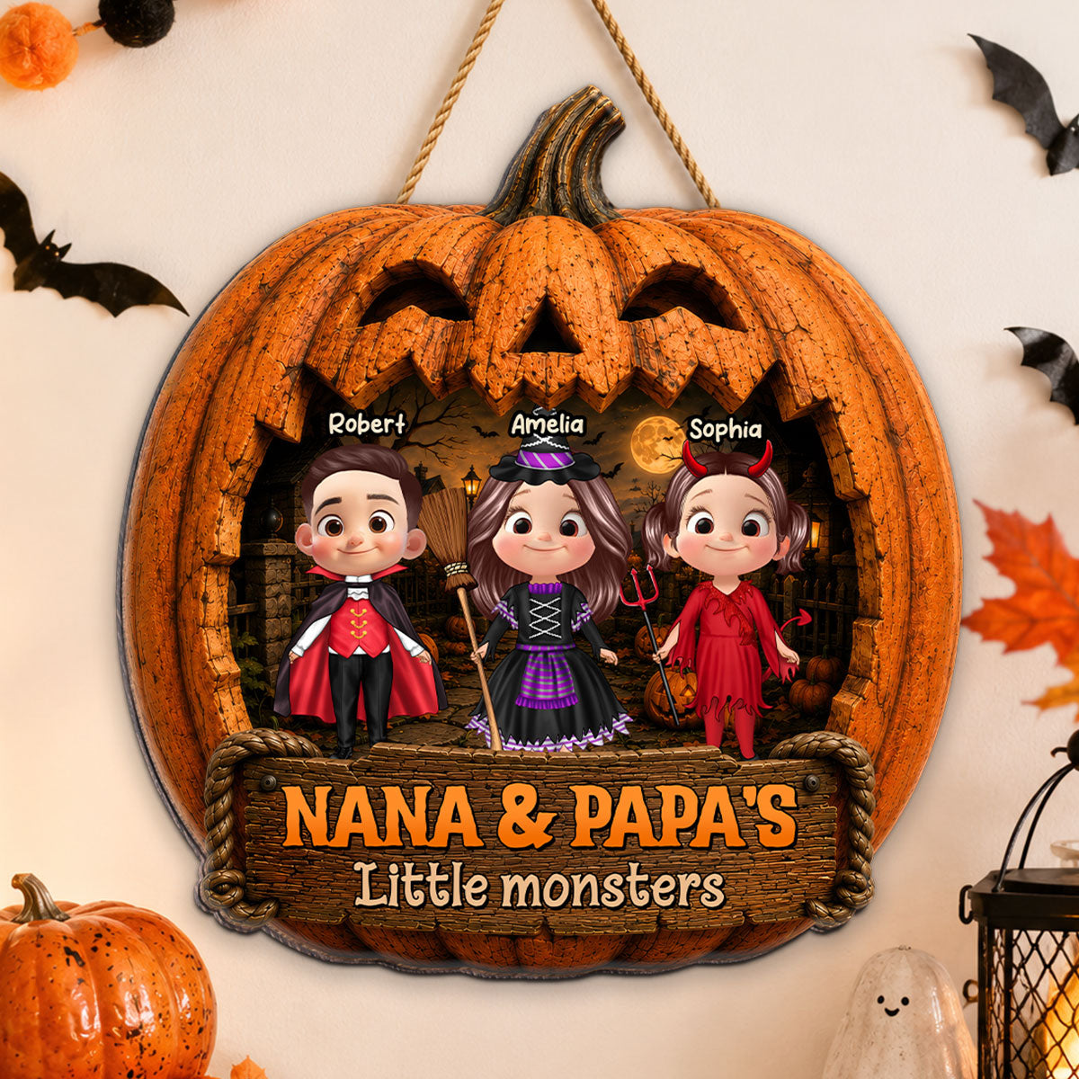 Grandpa & Grandma's Little Monsters - Personalized Wood Sign - Halloween Decor For Grandparents