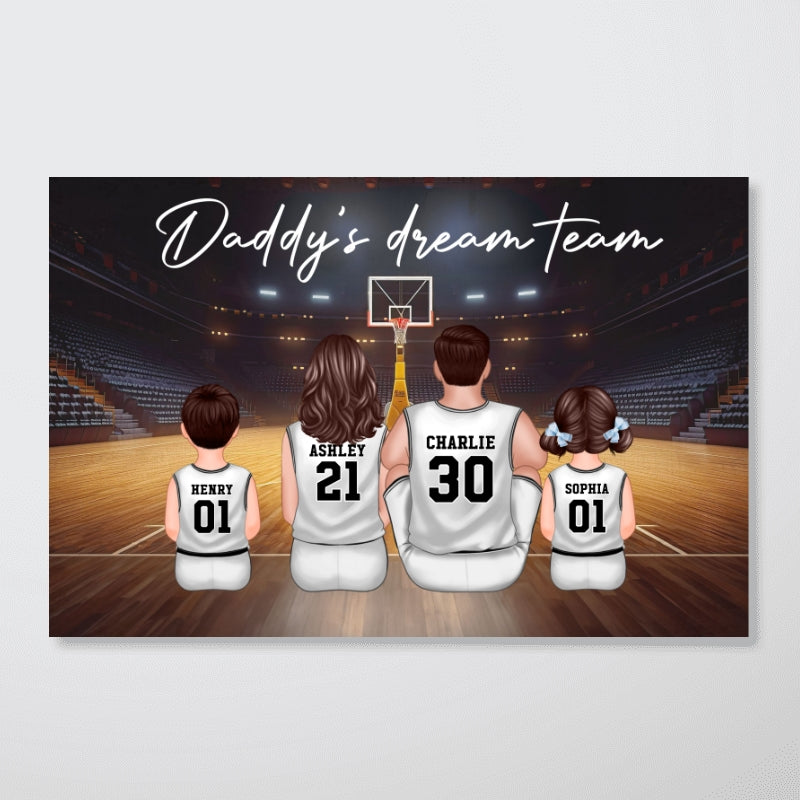 Daddy's Team Basketball Family Sitting Personalized Poster, Gift For Family, Dad, Grandpa, Husband