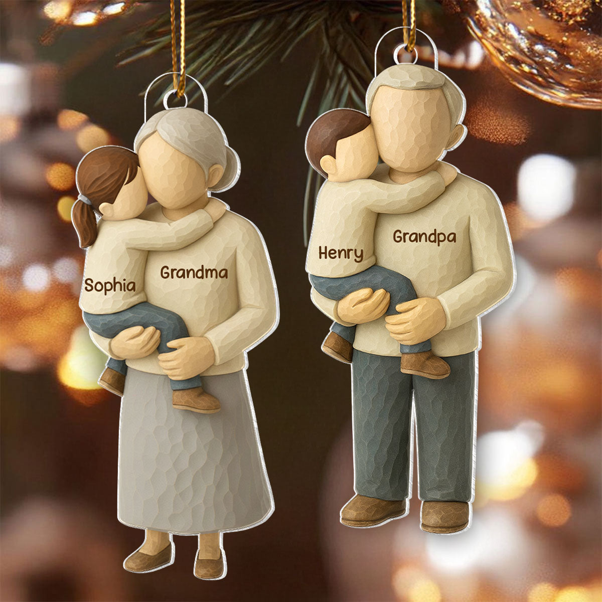 Grandparents Hugging Grandkid - Personalized Acrylic Ornament - Heartwarming Christmas Gift for Grandma Grandpa