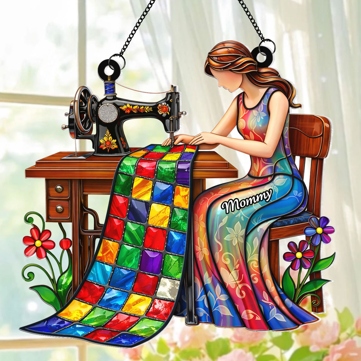 Mom Grandma Sewing Colorful Quilt - Personalized Suncatcher - Gift For Mom, Grandma