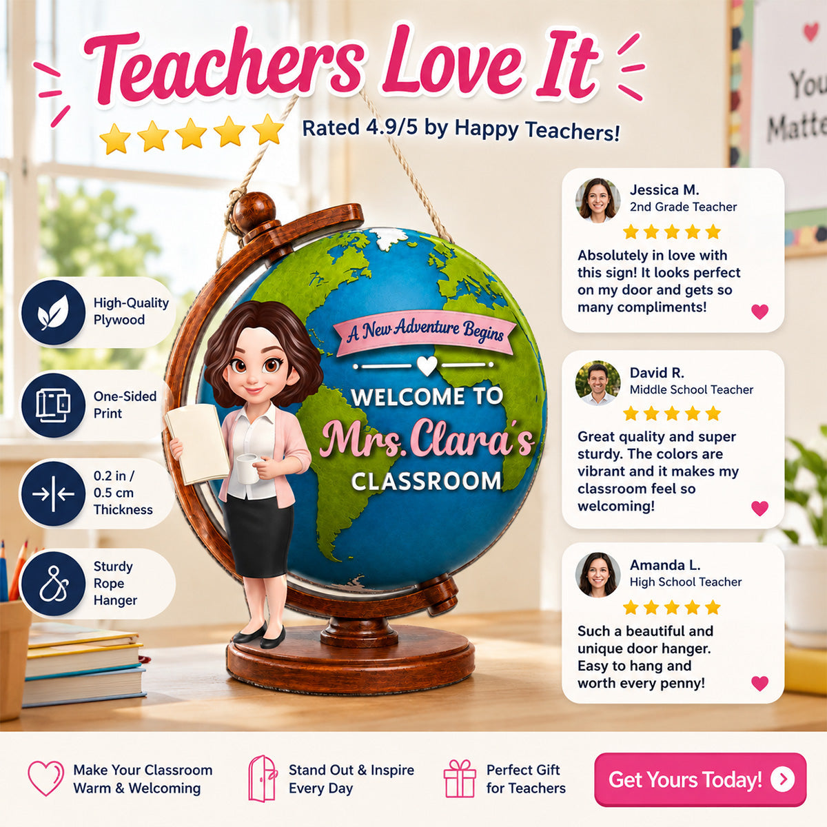 Globe Teacher Welcome - Personalized Door Hanger - Back To School Decoration