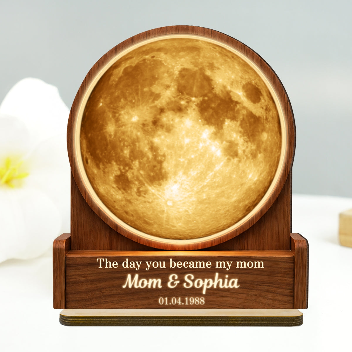 The Day You Became My Mom Custom Moon Phase by Date - Personalized 2-Layered Wooden Plaque - Heartfelt Gift for Mom