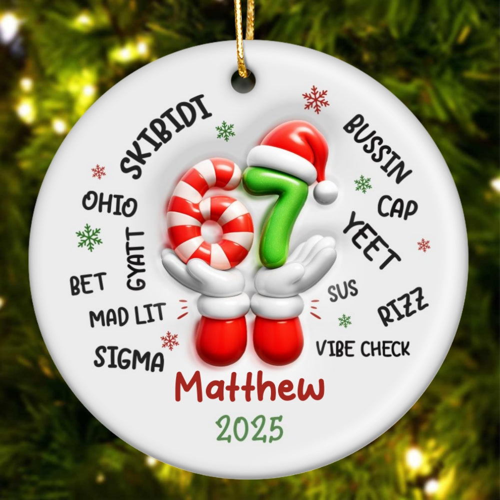 Custom Name Kid Slang Six Seven 3D Effect - Personalized Ceramic Ornament - 2025 Slang, Funny Teen Grandkid, Gen Alpha Christmas Gift