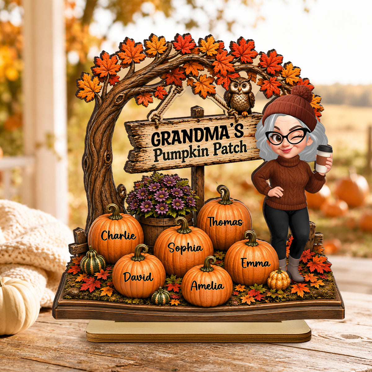 Grandma Grandkids Pumpkin Patch - Personalized 2-Layered Wooden Plaque - Fall Season Decor Gift, Gift For Grandma