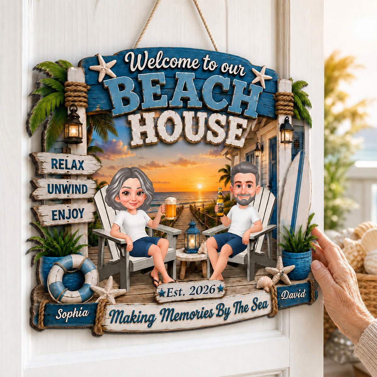 Welcome To Our Beach House - Personalized Wood Sign - Gift For Couple, Summer Decoration