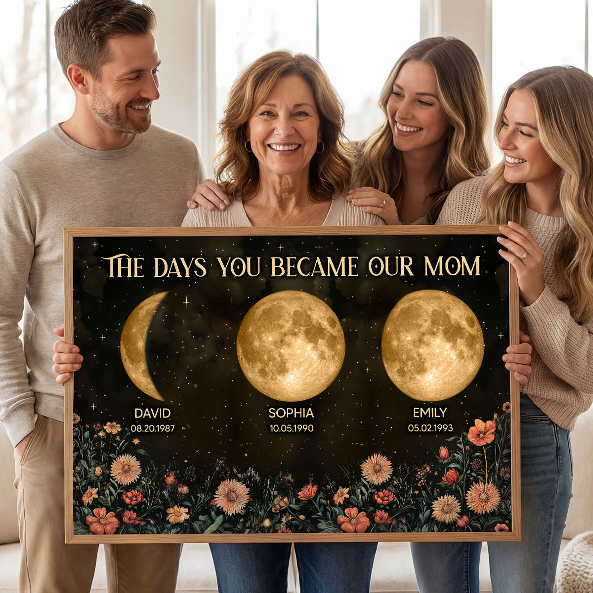 Vintage Flowers The Day You Became Mom Grandma Custom Birth Moon Phase - Personalized Poster, Mother's Day Gift For Mom, Grandma