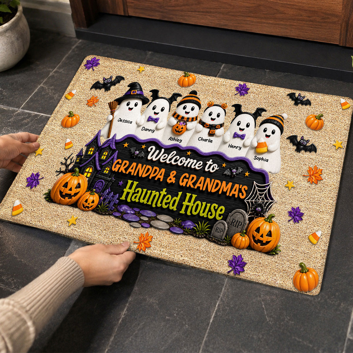 Halloween Welcome To Grandma Grandpa Haunted House Cute Boo Kids - Personalized Doormat - Halloween Decoration For Grandparents