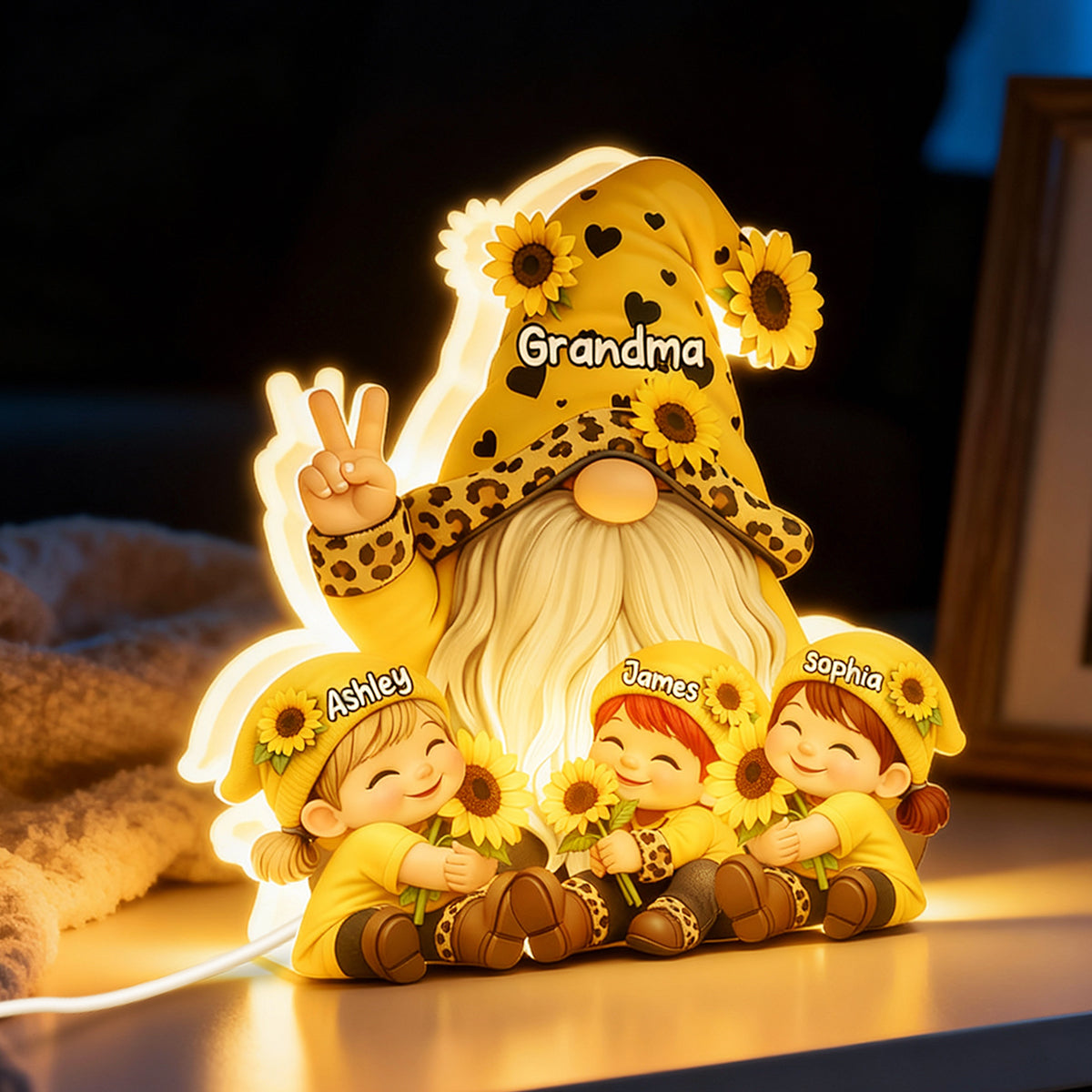 Gnome Grandma & Grandkids Sunflower - Personalized Light Box - Sentimental Gift for Grandma