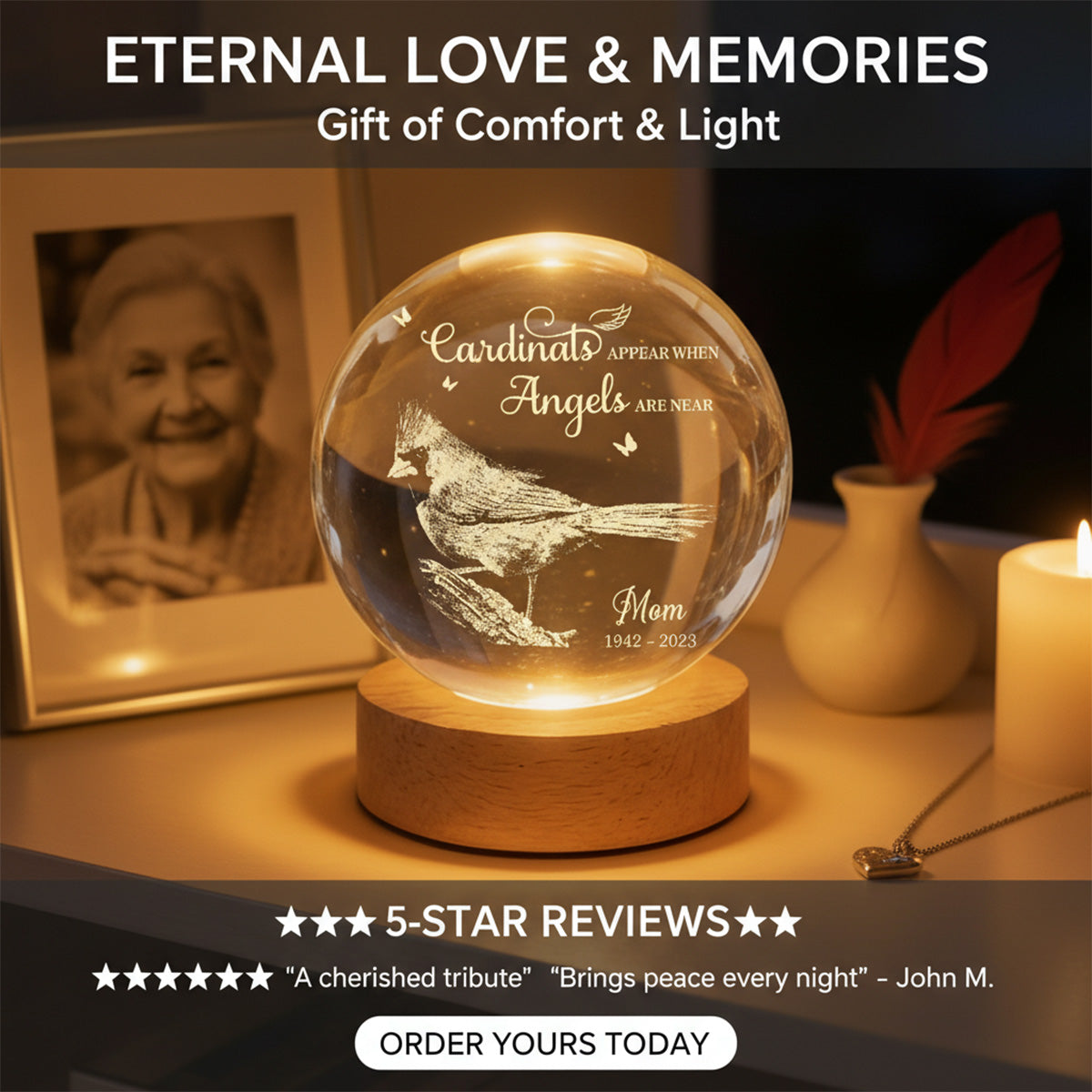 Always With You Cardinal - Personalized Crystal Ball LED Night Light - Memorial Remembrance Keepsake