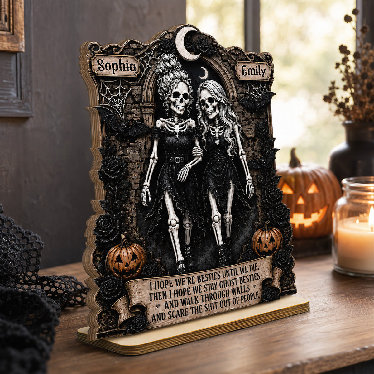 Skeleton Besties Walk Through Wall & Scare People 2D Flat - Personalized 2-Layered Wooden Plaque - Funny Work Bestie Gift, Halloween Keepsake For Best Friends