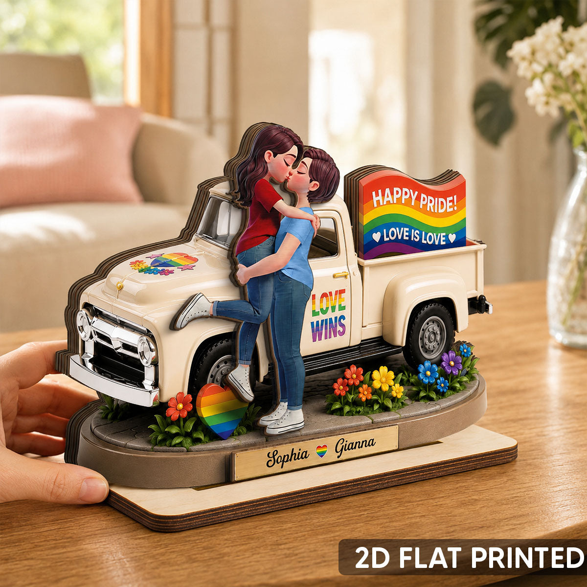 Love Is Love Couple Kissing By Truck 2D Flat - Personalized 2-Layered Wooden Plaque - Pride Month Keepsake
