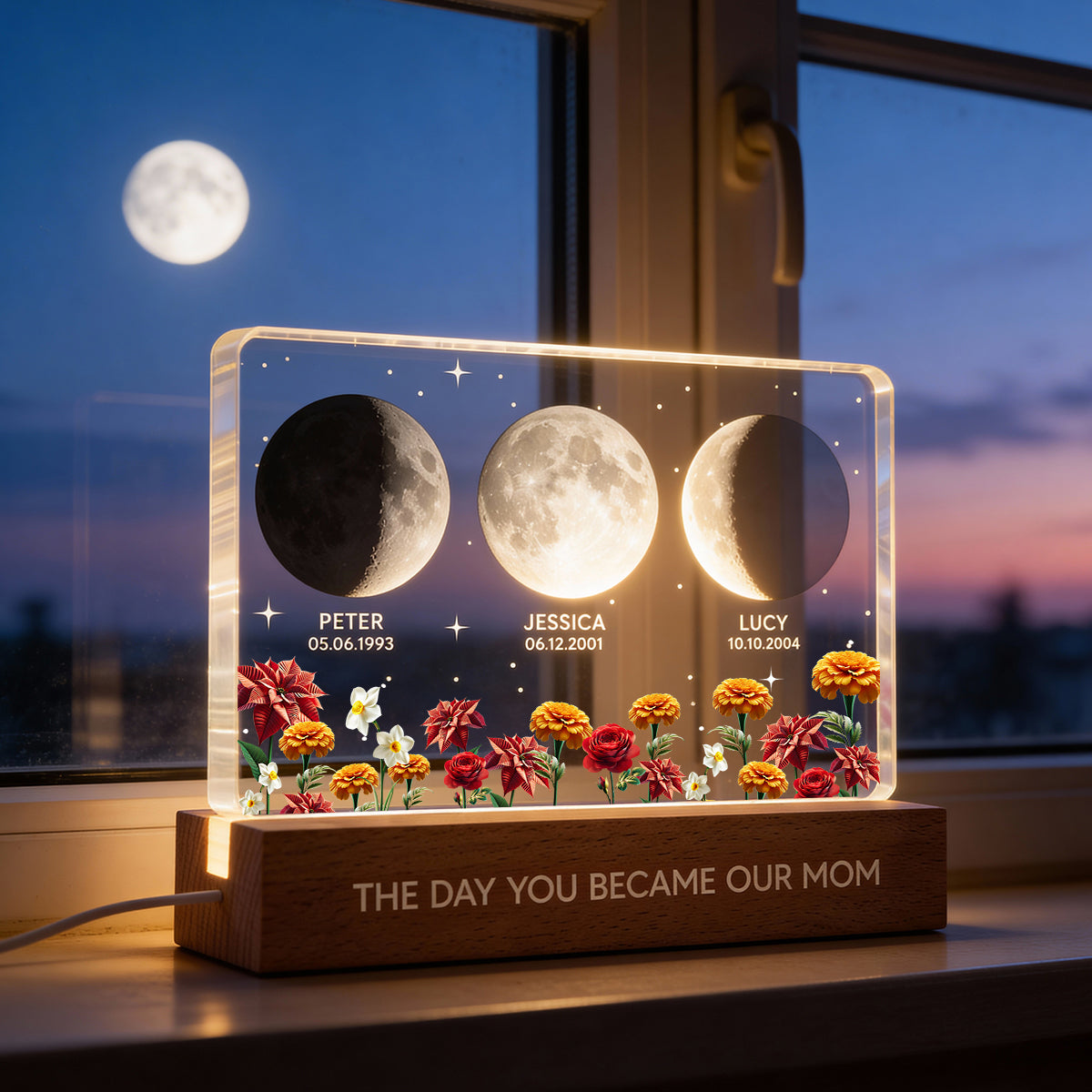The Day You Became Our Mom Custom Moon Phase by Date - Personalized Acrylic Block LED Night Light, Custom Birth Flowers, Mother's Day Gift for Mom