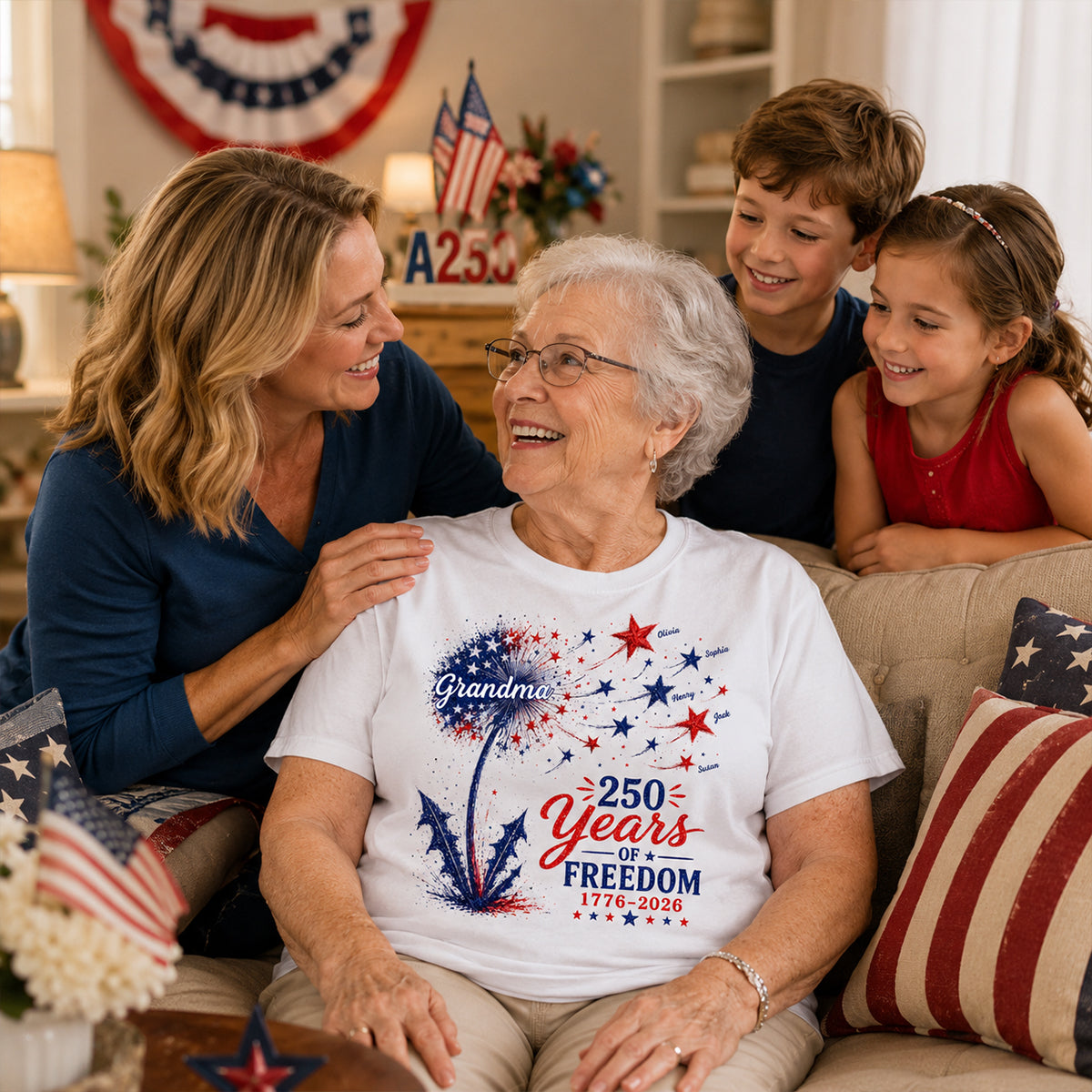 Grandma Patriotic Dandelion 250th Anniversary - Personalized Shirt - Gift for Grandma