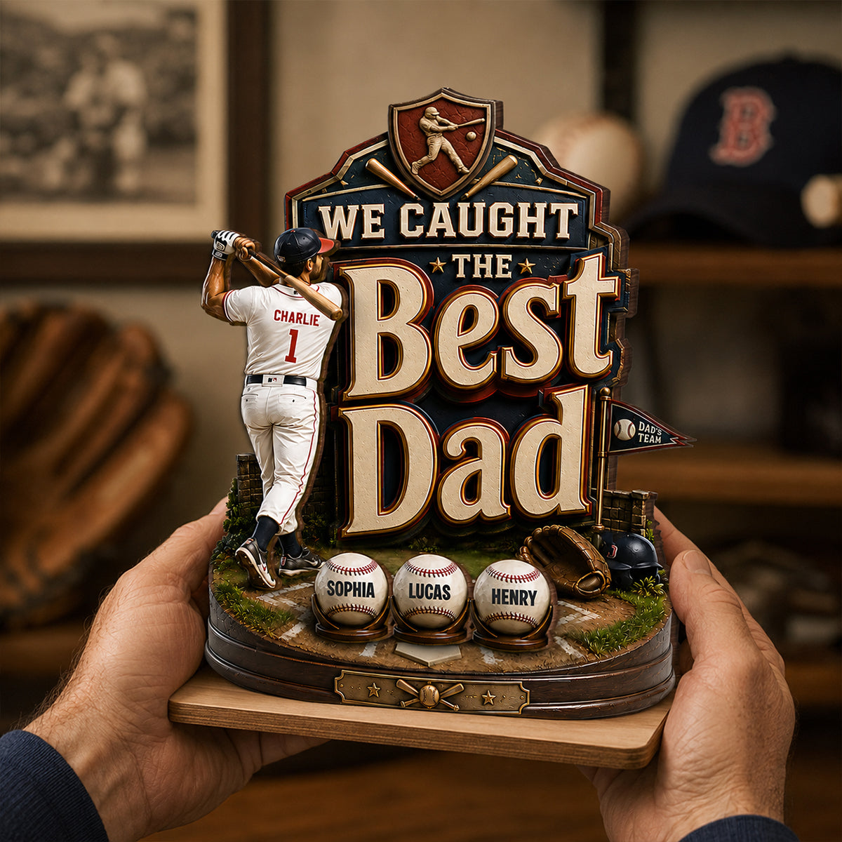 Baseball Dad & Kids We Caught The Best Dad - Personalized 2-Layered Wooden Plaque -  Gift For Baseball Dad, Husband
