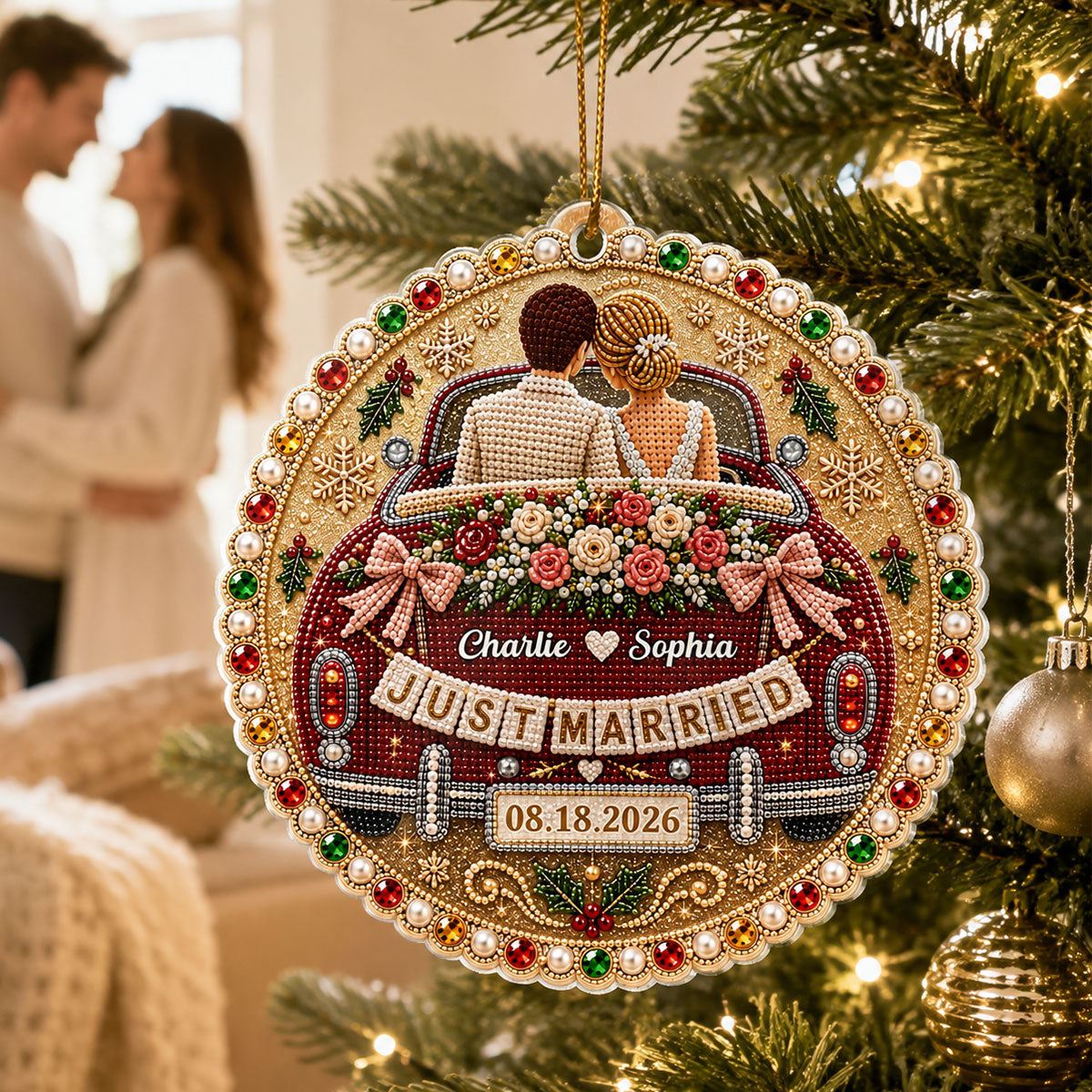 Just Married Wedding Car - Personalized Acrylic Ornament - Christmas Gift For Couple