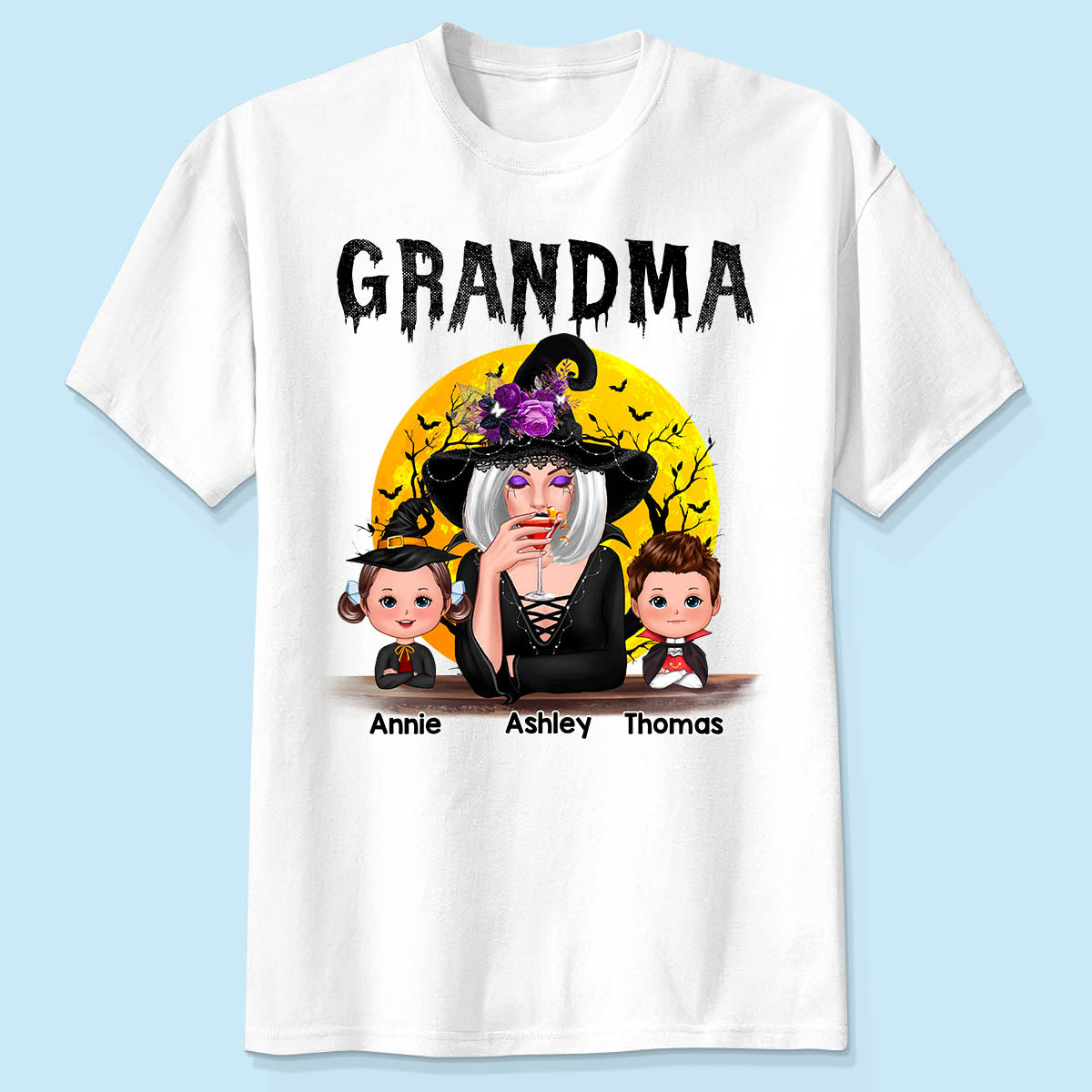 Halloween Moon Grandma Mom Witch With GrandKids Personalized Shirt