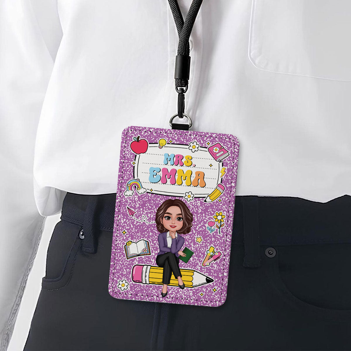 Composition Book Teacher Sitting On Pencil Name Personalized ID Badge Holder, Back To School Gift