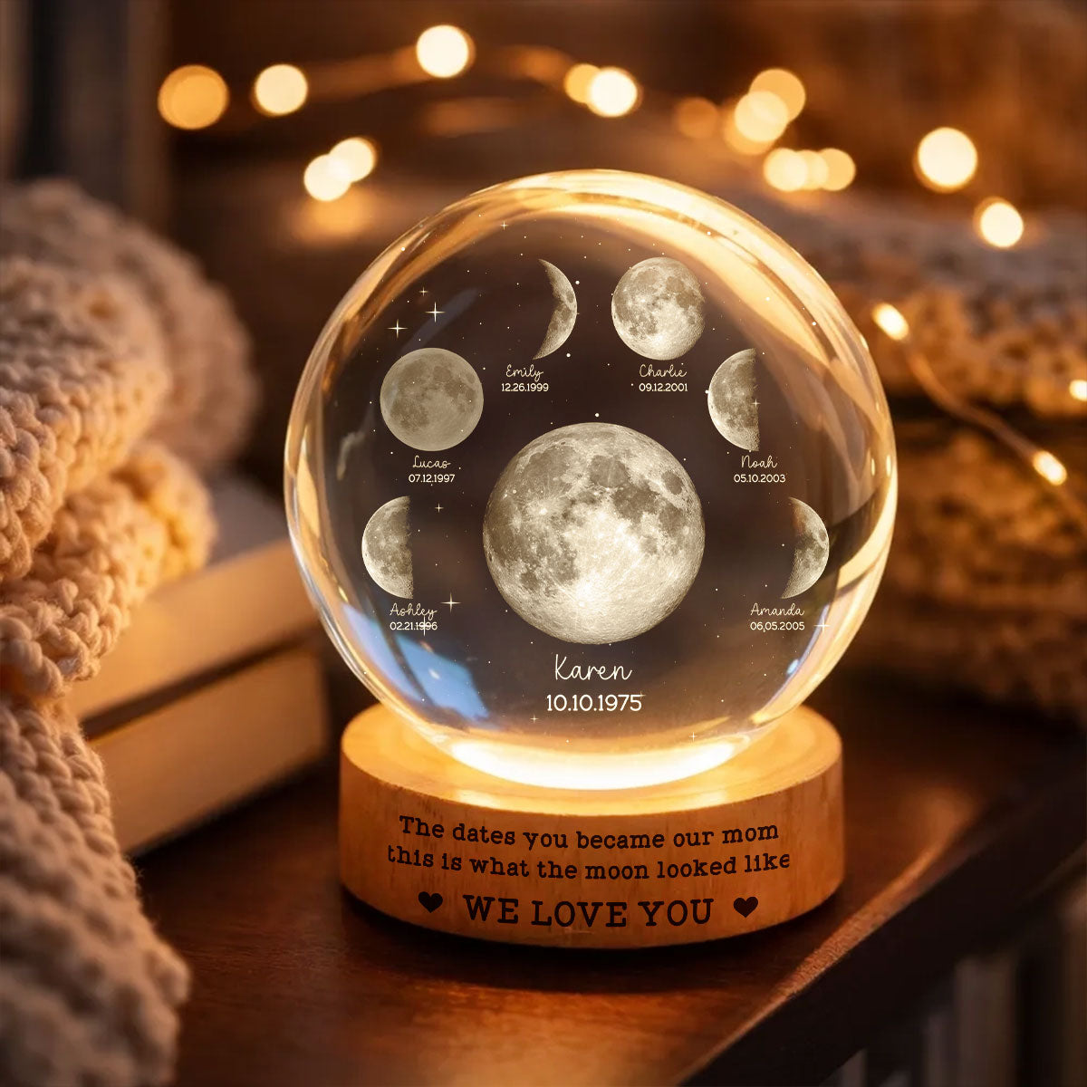 The Date You Became Our Mom - Personalized Crystal Ball LED Night Light - Custom Moon Phase by Date, Mother's Day Gift for Mom, Wife