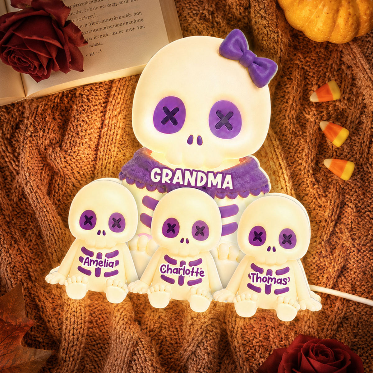 Cute Skeleton Grandma Grandkids Fall Halloween Decor - Personalized Light Box - Gift For Grandmas