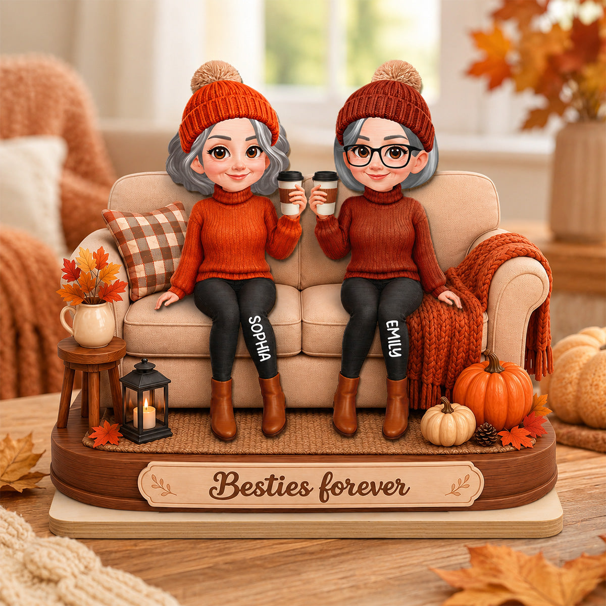 Besties Sisters Sitting On Sofa 2D Flat - Personalized Wooden Plaque - Fall Season Gift