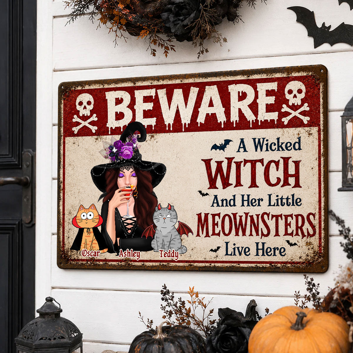 Beware A Wicked Witch And Her Little Meownsters - Personalized Metal Sign - Halloween Decor Gift, Gift For Cat Lovers