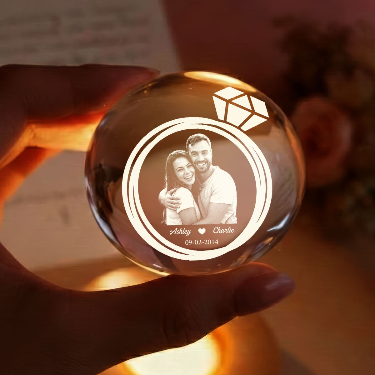 Eternal Love Custom Couple Photo Inside Ring - Personalized Crystal Ball LED Night Light - Valentine's Day Gift For Couple, For Her, For Him