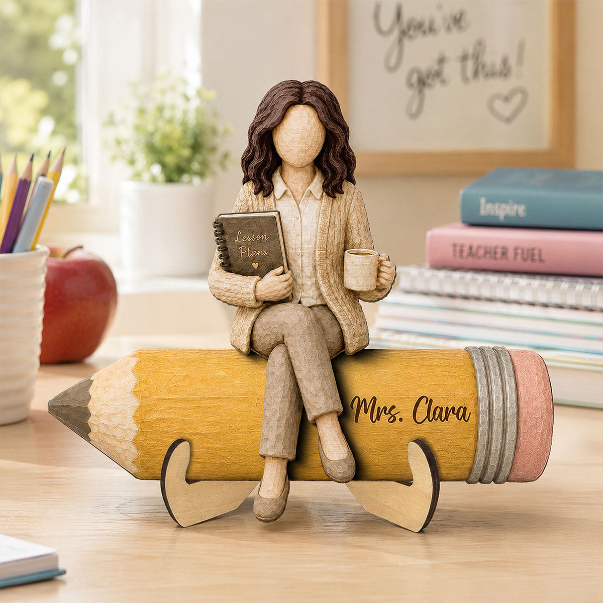 Teacher Sitting On Pencil 2D Flat - Personalized Wooden Plaque - Back To School Gift