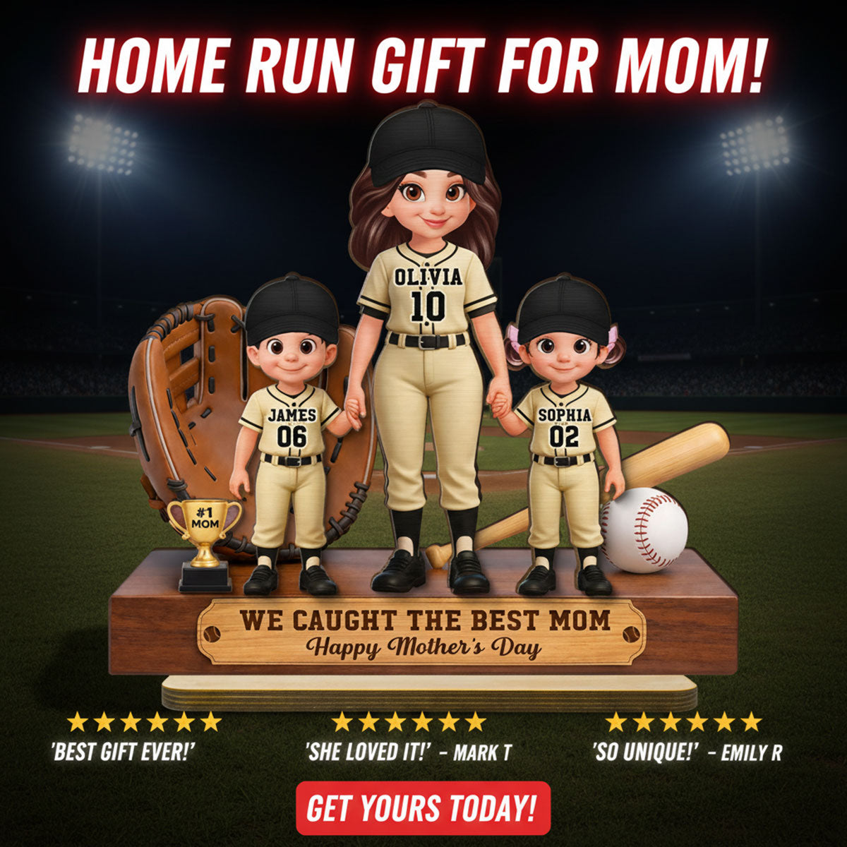 Baseball Mom And Kids We Caught The Best Mom - Personalized 2-Layered Wooden Plaque - Mother's Day Gift For Baseball Mom