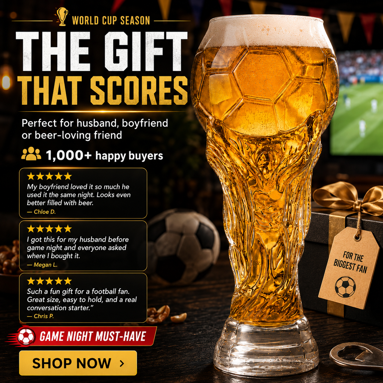 Football Trophy Beer Glass, Match Day Beer Glass, Birthday Gift for Him, Gift for Dad