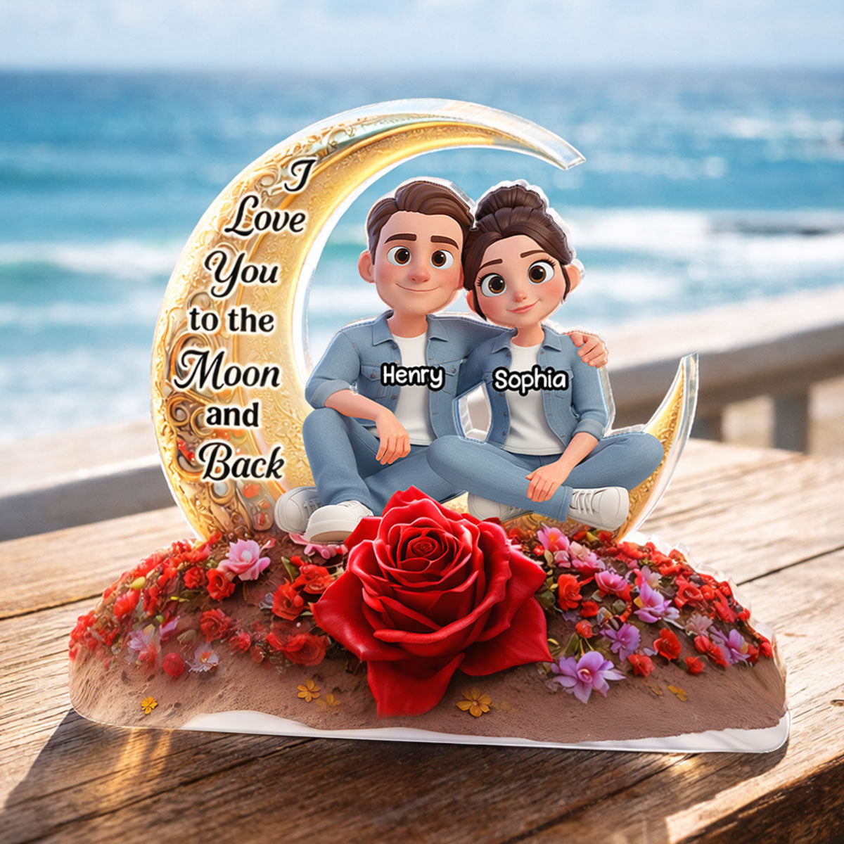 I Love You To The Moon And Back Moon Rose - Personalized Acrylic Block Plaque - Anniversary, Valentine's Day Gift, Gift For Him, Gift For Her