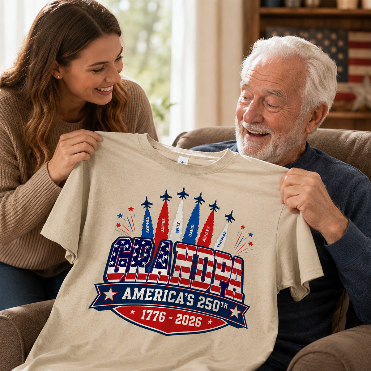 Proud Grandpa Dad Jets Smoke Custom Kid Name - Personalized Shirt - American 250th Anniversary Keepsake For Husband, Dad, Grandpa