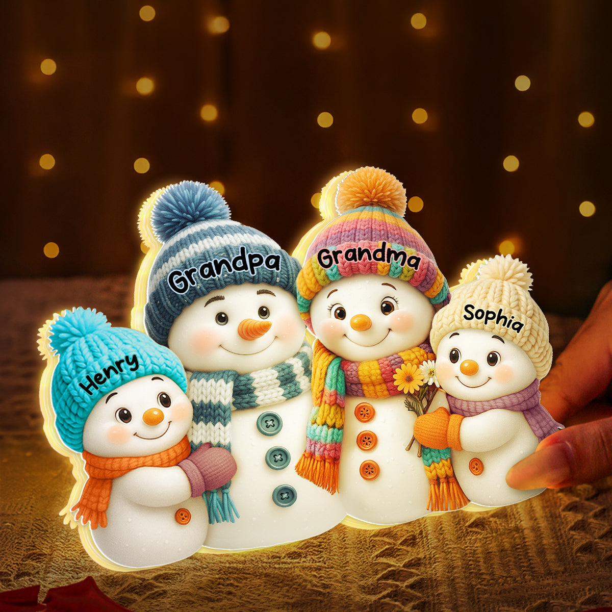 3D Effect Snowman Grandma, Grandpa, Grandparents and Grandkids Personalized Light Box - Christmas Gift for Family, Grandma, Grandpa