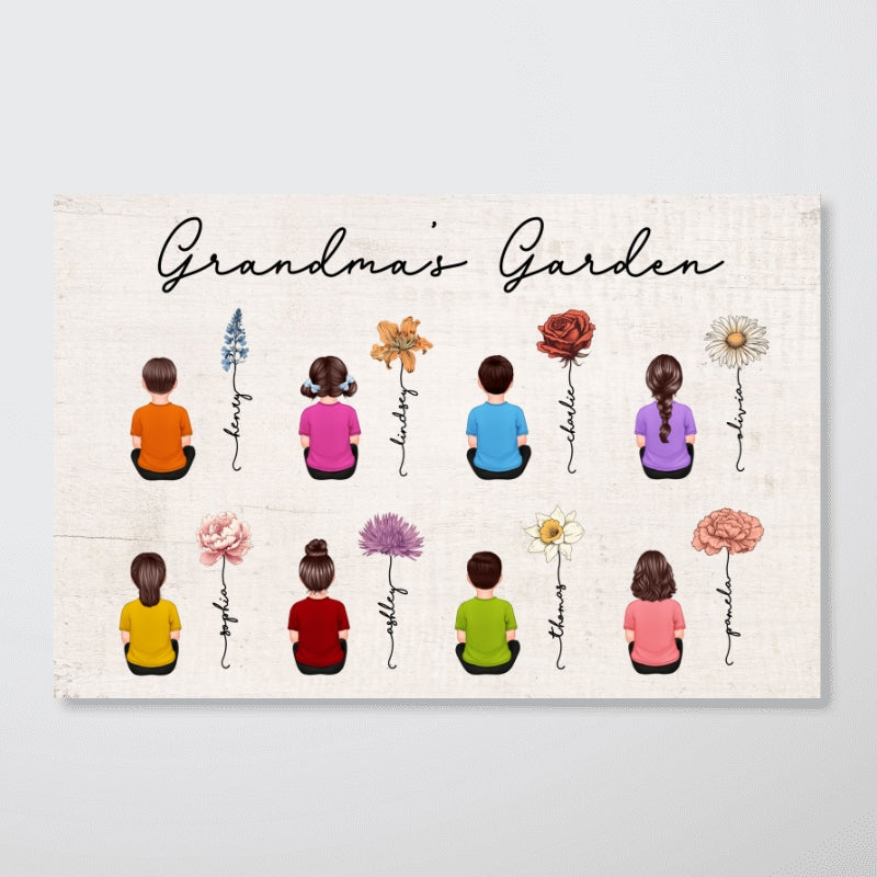 Vintage Birth Month Flowers Garden With Grandkids Names Personalized Poster, Mother‘s Day Gift For Grandma Mom Auntie
