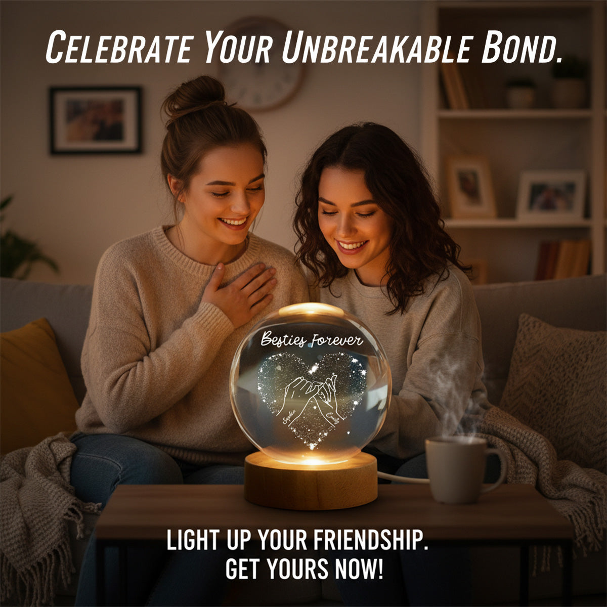 Besties Forever Pinky Promise - Personalized Crystal Ball LED Night Light - Gift For Best Friends