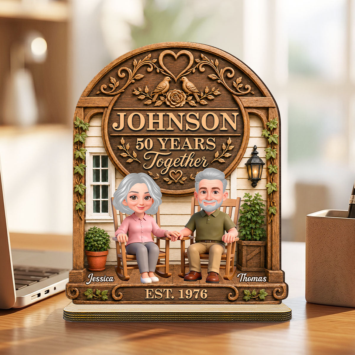 Old Couple 30th 40th 50th Anniversary Gift - Personalized 2-Layered Wooden Plaque - Wedding Year Decor