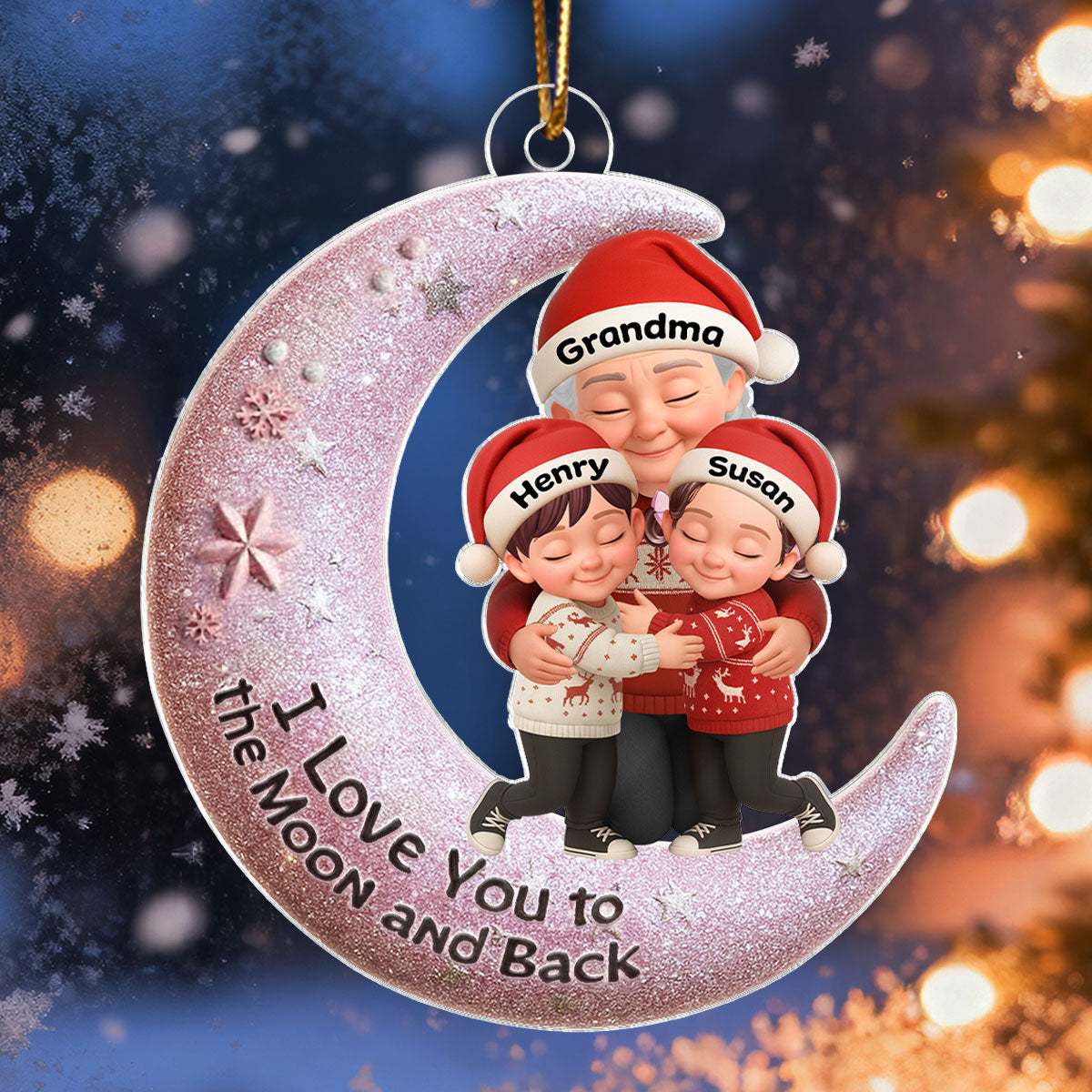 Grandma Hugging Grandkid on Moon - Personalized Acrylic Ornament - Christmas Gift for Grandma, Grandkids