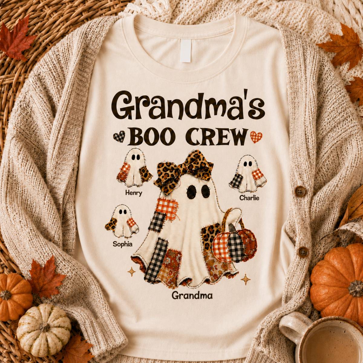 Grandma Fall Season Halloween Faux Patchwork Pattern Coquette - Personalized Shirt - Halloween Gift For Grandma