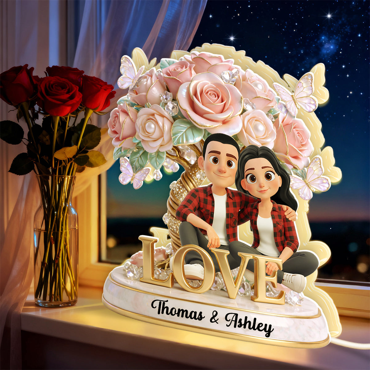 Pink Rose Couple Sitting on LOVE - Personalized Light Box - Heartfelt Valentine's Day Gift for Her, for Him