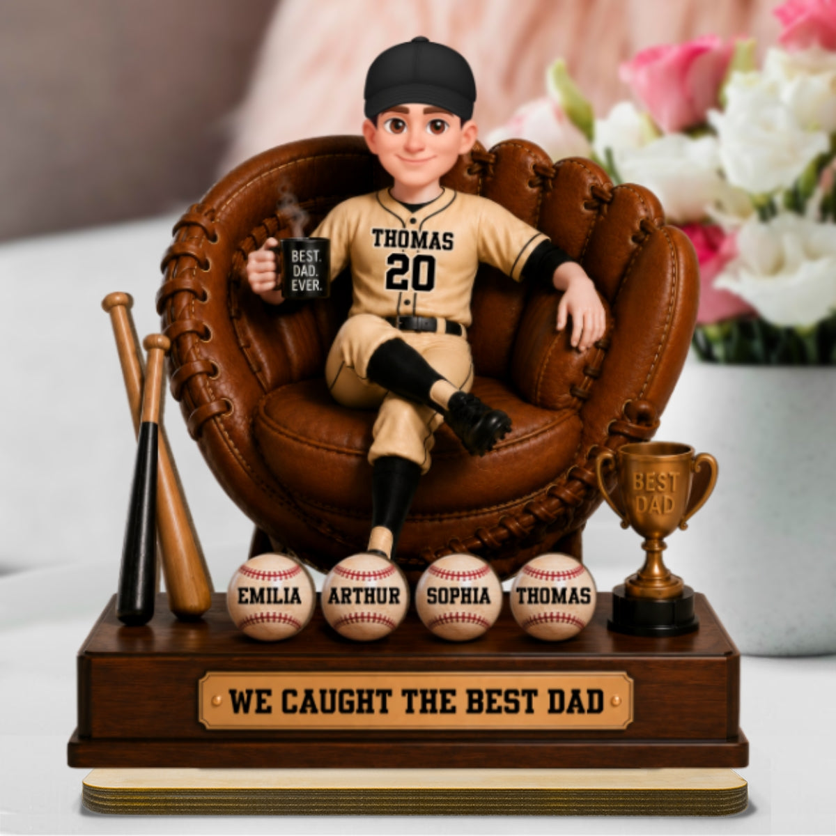 Baseball Dad Sitting On Glove With Kids Names 2D Flat - Personalized Wooden Plaque